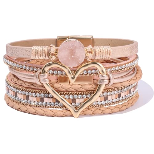 Boho Leather Wrap Bracelets Beaded Stackable Cuff Bracelet Country Concert Outfits Cowboy Cowgirl Western Jewelry Gifts for Women - color: Heart-Rose Gold