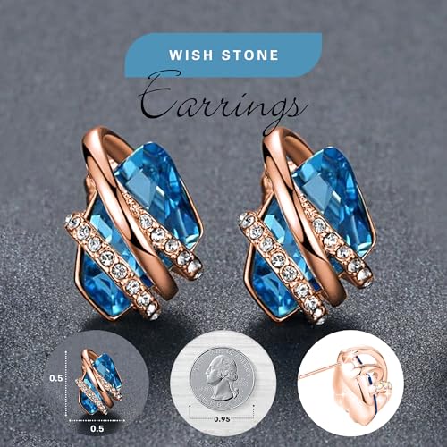 Gifts for Women, Wish Stone Stud Earrings with Birthstone Crystals, 18K Rose Gold Plated or Silver-tone - color: 103-March December-Aquamarine Blue-Rose Gold Plated