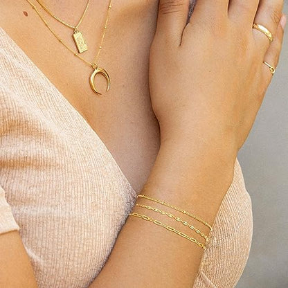Dainty 14K Gold Plated Bracelets for Women Waterproof, Non Tarnish Gold Jewelry Sets, Thin Stackable Link Paperclip Chain Bracelet Pack Fashion Accessories Gifts for Womens - style: 5Pcs BRACELET SET-06