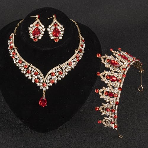 Crowns and Tiaras jewelry sets for Wedding princess birthday party Halloween Prom Pageant Jewelry for Women Crystal Bridal Jewelry Set for women - color: Gold Red
