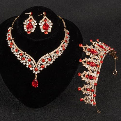 Crowns and Tiaras jewelry sets for Wedding princess birthday party Halloween Prom Pageant Jewelry for Women Crystal Bridal Jewelry Set for women - color: Gold Red