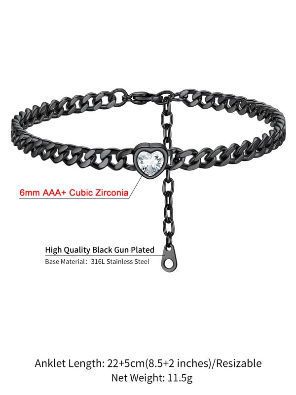 ChainsHouse Cuban Chain Anklets for Women with Heart Birthstone Jan - Dec | Stainless Steel Black Link Chain Ankle Bracelet with Birthstone, Beach Women Anklet 22cm-27cm Adjustable, with Gift Box - color: 04. Apr.-Clear Crystal-Black