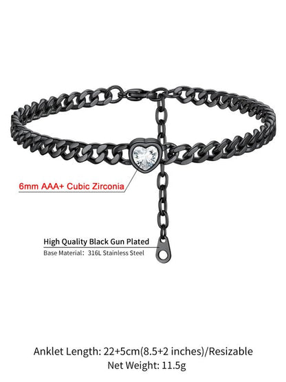 ChainsHouse Cuban Chain Anklets for Women with Heart Birthstone Jan - Dec | Stainless Steel Black Link Chain Ankle Bracelet with Birthstone, Beach Women Anklet 22cm-27cm Adjustable, with Gift Box - color: 04. Apr.-Clear Crystal-Black
