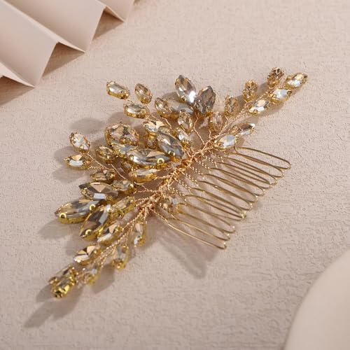Teyglen Champagne Teardrop Crystal Hair Comb Bride Rhinestone Wedding Hair Comb Bridal Hair Piece Hair Accessories for Women Wedding Headpiece(Champagne) - color: Champagne