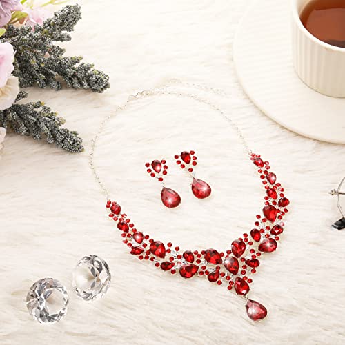 Hicarer Bridal Teardrop Cluster Crystal Jewelry Set for Women Necklace Earrings Wedding - color: Red