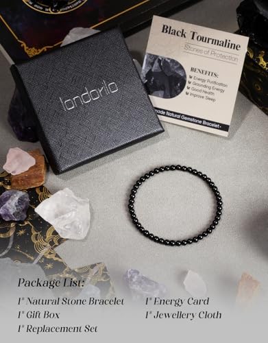 Natural Stone Beaded Bracelets for Men Women, 4mm 6mm 8mm | Healing Crystal, Protection Gemstone, Gift Packaging with Energy Card, Stretch Jewelry, Replacement Beads Included, 18 Stone - color: Black Tourmaline(Protection & Balance), size: 4mm