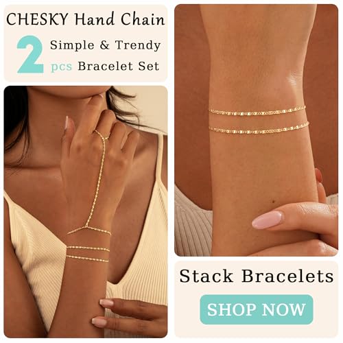 CHESKY 14K Gold Plated Hand Chain Bracelets for Women Stack Jewelry | Dainty Finger Ring Bracelet, Adjustable Hand Chains, Waterproof Beaded Gold Bracelets, Daily Body Jewelry Gift for Women - color: gold-square bracelet