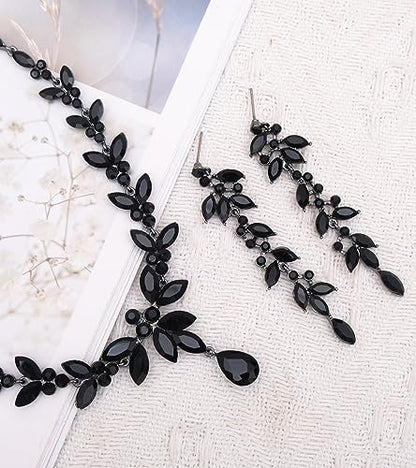 CSY Elegant Bridal Jewelry Sets Wedding Prom Homecoming Gown Accessories | Austrian Marquise Crystal Wedding Necklace Dangle Earrings Tennis Bracelet Ring Set for Bride Women Costume Accessories - color: black