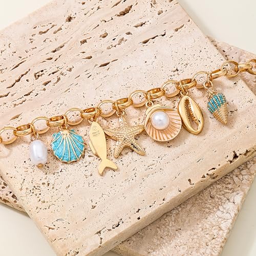 Gold Ocean Beach Charm Anklet for Women Boho Starfish Seashell Pearl Fish Pendant Adjustable Ankle Bracelet Summer Beach Vacation Jewelry Gift