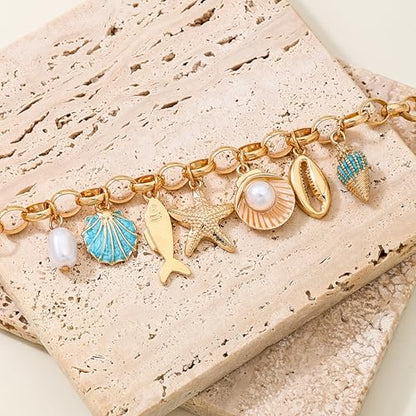 Gold Ocean Beach Charm Anklet for Women Boho Starfish Seashell Pearl Fish Pendant Adjustable Ankle Bracelet Summer Beach Vacation Jewelry Gift