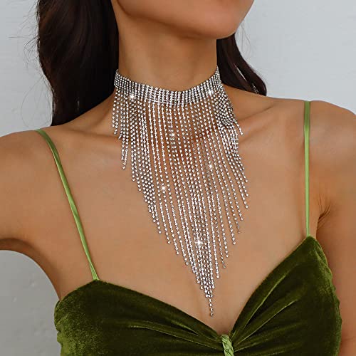 Aomcisi Fashion Women Sexy Rhinestone Bib Choker Necklace Tassel Long Chain Necklace - color: Silver