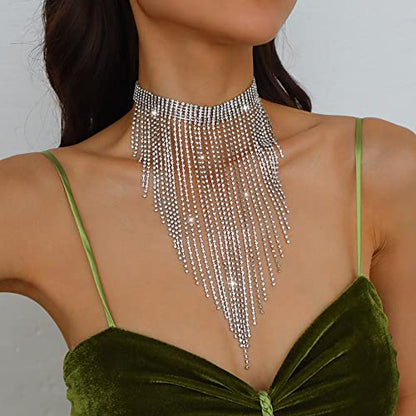 Aomcisi Fashion Women Sexy Rhinestone Bib Choker Necklace Tassel Long Chain Necklace - color: Silver