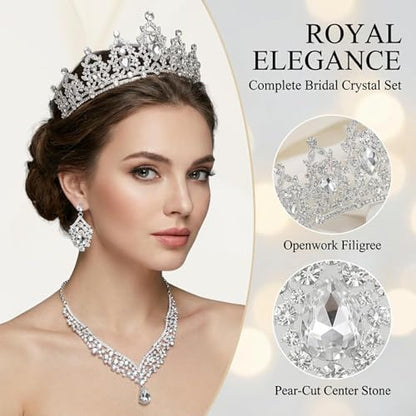 Tiaras and Crowns for Women,Tiaras Earrings Necklace, Crystal Bridal Jewelry Set - color: Silver white