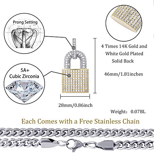 TOPGRILLZ 14K Gold Plated Iced out Lock Pendant Necklace for Women and Men Punk Rock Aesthetic Chains Padlock Necklace - color: Double Colors