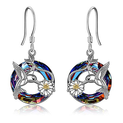 POPLYKE Dragonfly Butterfly Hummingbird Sunflower Earrings 925 Sterling Silver Abalone Shell Moonstone Leverback Earrings Jewelry - style: Hummingbird Crystal
