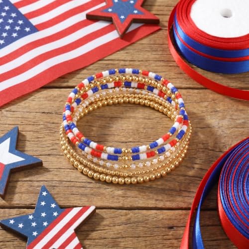 14K Gold Plated Beaded Bracelets Stack Set for Women,Stretch Boho Ball Jewelry Friendship Trendy - color: 4th of july