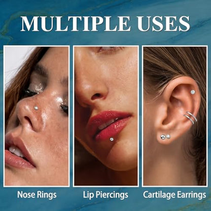 20G Nose Rings Hoop Set for Women, 12PCS Hypoallergenic Stainless Steel Comfortable for Ear Stack Daily Wear Dainty Non Tarnish Nose Hoop Stud Set, L Shaped CZ Threadless Flat Back Nose Stud Piercing Jewelry - color: 20G(0.8MM)-Sliver