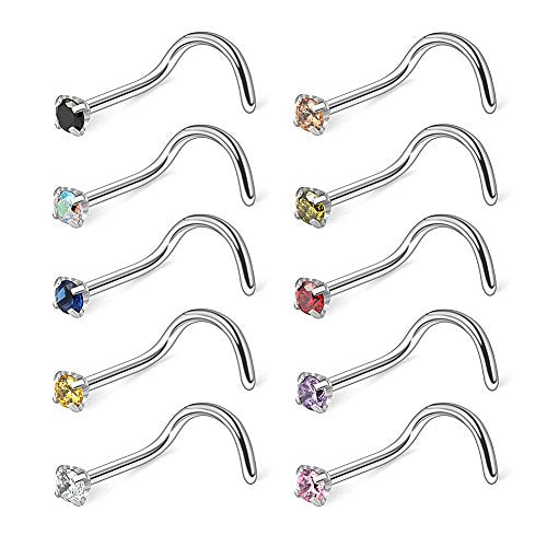 10-30PCS 18G Surgical Steel Mix Color Diamond CZ Nose Stud Rings Screw Piercing Jewelry 1.5mm 2mm 2.5mm 3mm - style: 10PCS - 2mm CZ