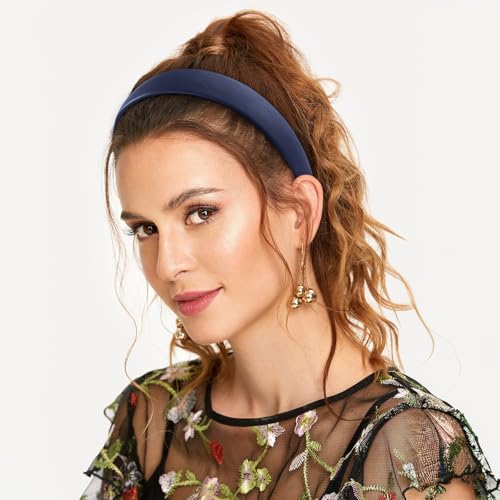 WantGor 1 Inch PU Leather Headband, Wide Padded Hairband Fashion Hair Bands | Cute Womens Headbands Holiday DIY Hair Accessories (Navy Blue) - color: Navy Blue
