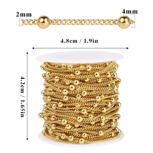33FT 2mm 18K Gold Plated Satellite Bead Chains Roll Bulk for Jewelry Making | 304 Stainless Steel Gold Ball Beaded Twisted Curb Link Chains Spool for DIY Craft - color: Gold Big Beads Satellite Curb Chain