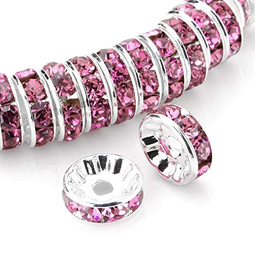 Allb 100Pcs Rondelle Spacer Beads 6mm Silver Plated Czech Crystal Rhinestone for Jewelry Making Loose Beads for Bracelets - color: pink, size: 6mm