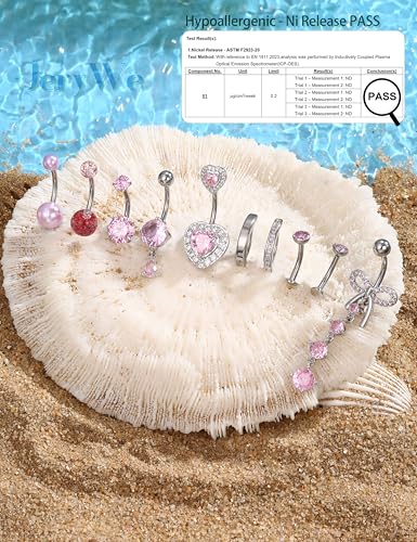 JeryWe Hypoallergenic Belly Button Ring Surgical Stainless Steel - Dainty Dangle Navel Piercing Jewelry CZ Bow Heart Ball Pearl Clicker Piercings for Women - color: Pink