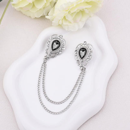 Teardrop Rhinestone Brooch Mens Lapel Pins for Shirt Collar Hanging Chain Brooch Suit Pin Crystal Rhinestone Lapel Pins for Men - color: Grey-J