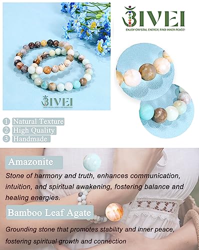 Bivei Natural Crystals Gemstone Healing Stretchy Round Beaded Bracelet | 8MM Semi Precious Beads Bracelet, Handmade Spiritual Jewelry Gift for Women Men,Enhance Positive Energy - color: 8mm Bamboo Leaf Agate & Amazonite (Good Luck), size: Medium: 6.8-7.24