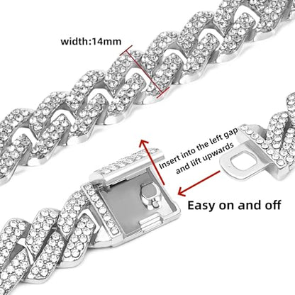 Mens Cuban Link Chain Iced Out Miami Cuban Necklace/Bracelet |14mm Silver & Gold Plated Chains | Bling Diamond Hip Hop Jewelry For Men Women - color: Silver, size: 16 inches