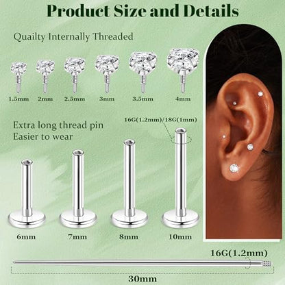16G 18G 12Pcs Flat Back Stud Earrings 316L Surgical Steel Internally Threaded Stud for Women Tragus Labret Monroe Cartilage Helix Conch Studs Hypoallergenic Nose Stud Piercing Jewelry - color: Silver, size: 18G