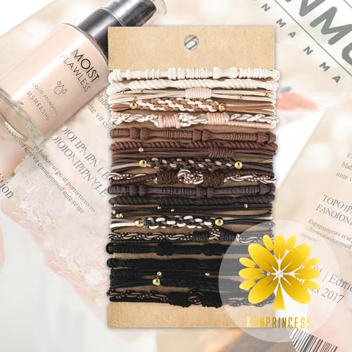 KANPRINCESS 20 PCS Boho Ponytail Holders - 4 Neutral Colors, 5 Styles Hair Bands & Bracelets for Women's Thick or Thin Hair, No Damage - color: Set9