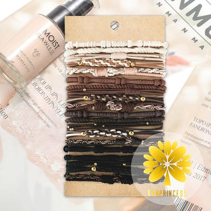 KANPRINCESS 20 PCS Boho Ponytail Holders - 4 Neutral Colors, 5 Styles Hair Bands & Bracelets for Women's Thick or Thin Hair, No Damage - color: Set9