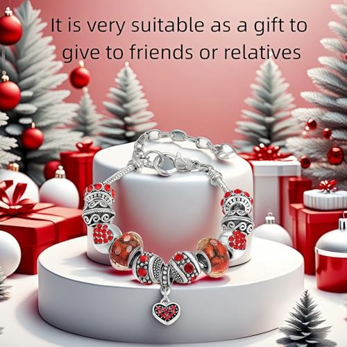 Pink Hearts Silver Plated Charm Bracelet, DIY Jewelry for Women with Beads, Charms, and Adjustable Snake Chain, Fits 7.5"+1.5" - color: Red, size: 18cm
