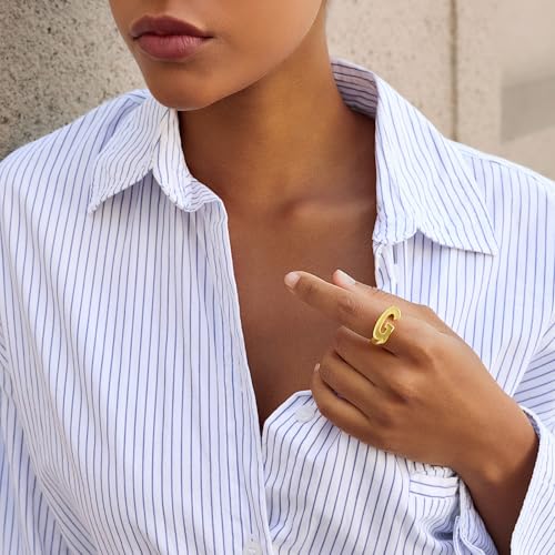 Cicy Bell Initial Rings for Women 18k Gold Plated Adjustable Rings | Open Signet Rings, Bold Letter, Personalized Engraved, For Party - color: Initial-G