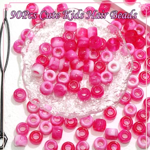 NAISKA 90Pcs Rose Red Hair Beads for Kids Cute Hair Beads for Braids Girls Beads for Hair Dreadlock Beads Small Pony Beads Acrylic Gradient Loc Beads Braid Charms - color: Rose Red