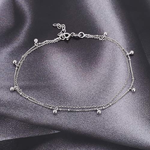 Vanbelle Sterling Silver Jewelry - Rhodium Plated 925 Stamp - Double Layered & Hanging Beaded Chain Anklet - Stylish Beautifully Designed for Women - 9" Long + 1" Extender