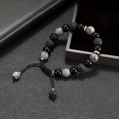 Natural Energy Stone Adjustable Bracelet Lucky Gift for Boyfriend Dad | Mixed agate/lava/picture stone, adjustable braided cord, energy protection as men’s holiday gift