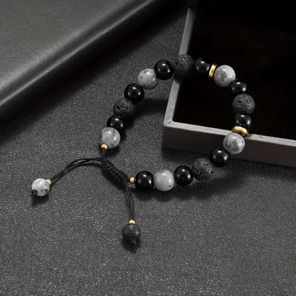 Natural Energy Stone Adjustable Bracelet Lucky Gift for Boyfriend Dad | Mixed agate/lava/picture stone, adjustable braided cord, energy protection as men’s holiday gift