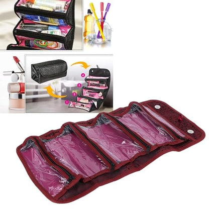 2PCS Roll up Makeup Bag, 4 in 1 Cosmetic Bag Foldable Makeup Bag Clear Makeup Organizer Bag Hanging Toiletry Bag for Women Men (Red) - color: Red