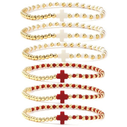 Gold Beaded Bracelets for Women Stackable Boho Gold Plated Colorful Seed Beads Ball Cross Bracelets Stack Elastic Stretch Trendy Jewelry Accessories Non Tarnish Friendship Christian Gift - color: Red White