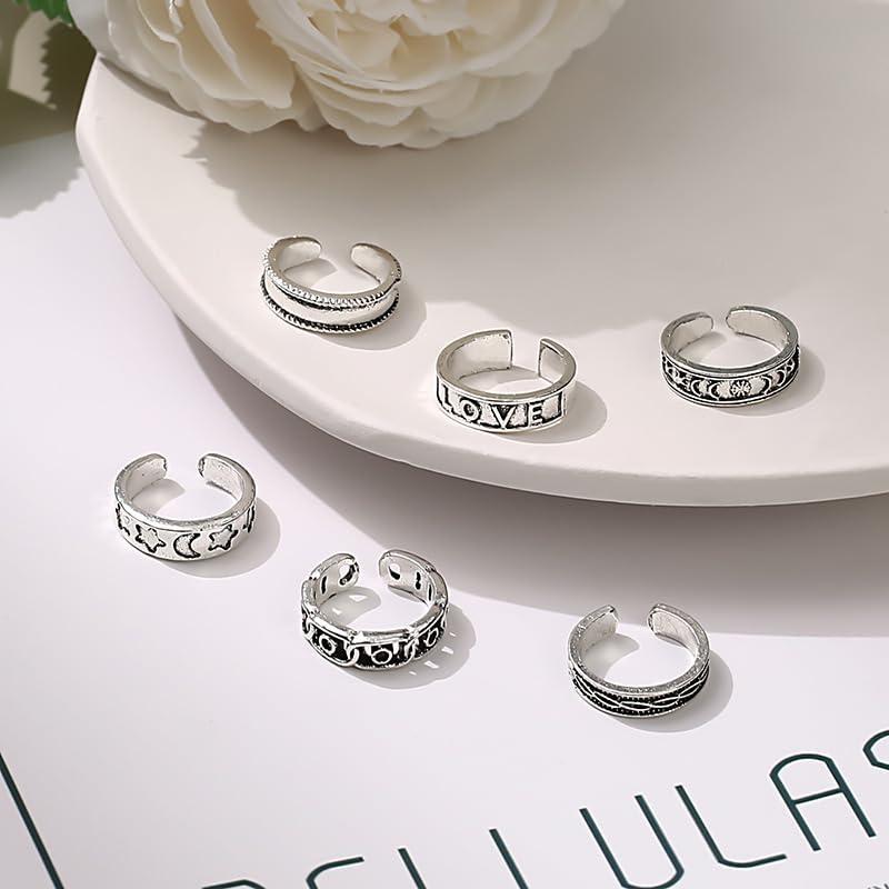 POYAMUSE Toe Rings with Sun, Moon and Star Patterns - Bohemian Knuckle Rings Set - Adjustable Opening Toe Rings for Women Beachy Barefoot Sandal Jewelry