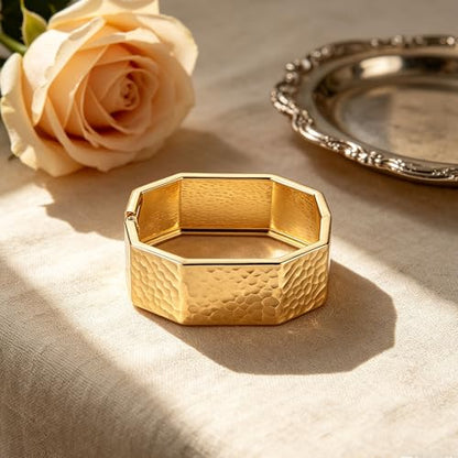 AsAlways 14K Gold Plated Hammered Cuff Bracelet for Women Wide Textured Open Cuff Bangle Statement Gold Chunky Bracelet Jewelry Gift - color: Hexagonal Gold