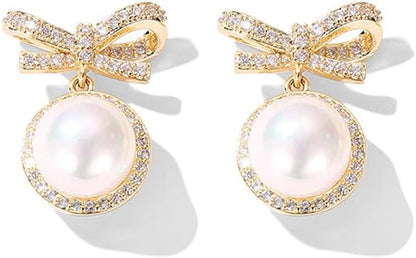 Gold Bow Earrings for Women, Long Tassel Chain Drop Earrings, Trendy Small Bow Earrings, Ribbon Waterfall Dangling Earrings, Pearl Bow Earrings, Sparkly Elegant Bowknot Preppy Jewelry Gifts for Women - color: Gold Bow-E
