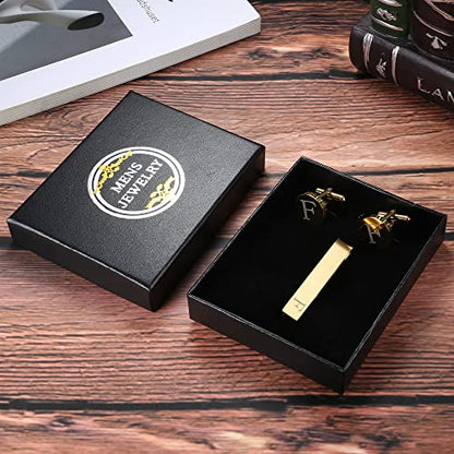 LOYALLOOK Black Initial Cufflinks and Tie Clip Set for Men Personalized Copper Cuff links and Tie Bar Letter Alphabet A-Z Gift for Father Husband Valentine Gifts for Men - color: F