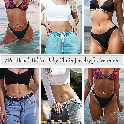 Jovivi 4 Pcs 18K Gold Plated Body Chains for Women,Adjustable Belly Chains for Waist,Multilayer Summer Beach Bikini Waist Beads Body Chains Jewelry for Women