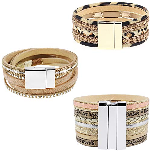 Wowanoo 3Pack Leather Cuff Bracelet Set Multilayer Wrap Bracelet Crystal Feather Tree Bracelet Magnetic Clasp Bracelet for Women - color: Leaf Tree
