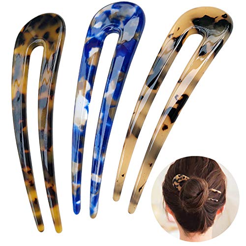 HYFEEL French Hair Forks Tortoise Shell U Shape Updo Hair Pins Clips for Thin Thick Hair, 4.3 inch Classic Cellulose Acetate 2 Prong Bun Hair Sticks Chignon Women Vintage Hairstyle Accessories, 3 Pack - color: Blue, Tortoise Shell