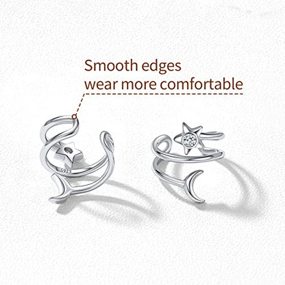 ChicSilver 925 Sterling Silver Ear Cuff Earrings Non Piercing Clip on Cartilage Cuff Earrings for Women - style: J: Star Moon