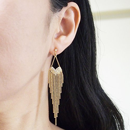 Dangle Silver Invisible Clip On Earrings for Women Not Pierced Gold Crystal Rhinestone Comfortable Hoop Fringe Long Chain Clip On Earrings - color: Fringe Gold 1