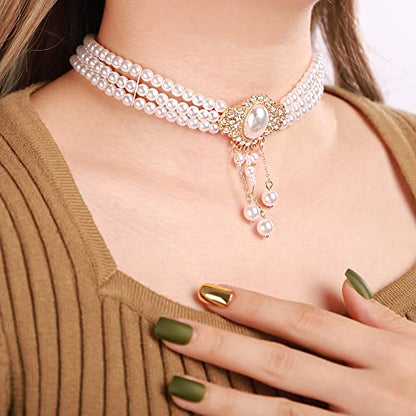 Xerling Vintage 1920s Layered Faux Pearl Choker Necklaces Imitation Pearl Rhinestones Pendant Chains Flapper Costume Necklaces for Party